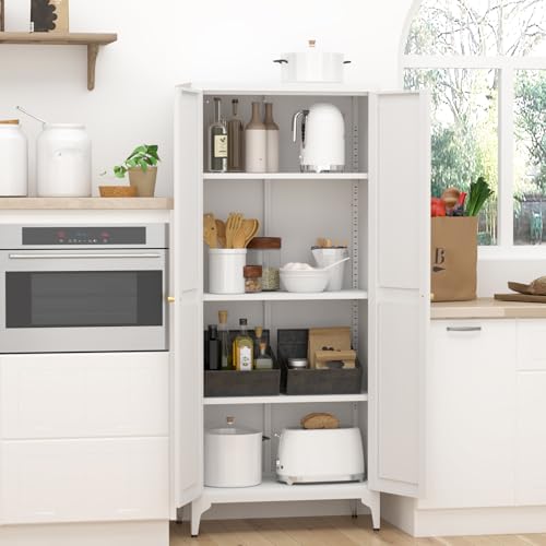 White Metal Tall Kitchen Pantry Cabinet with Doors and Adjustable Shelves V5515