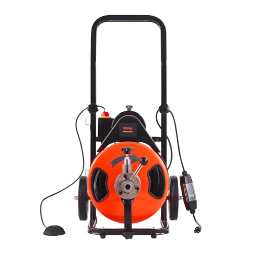 100FT x 3/4 Inch Drain Cleaning Machine Sewer Auger Auto Feed with 4 Cutter & Air-activated Foot Switch O43718