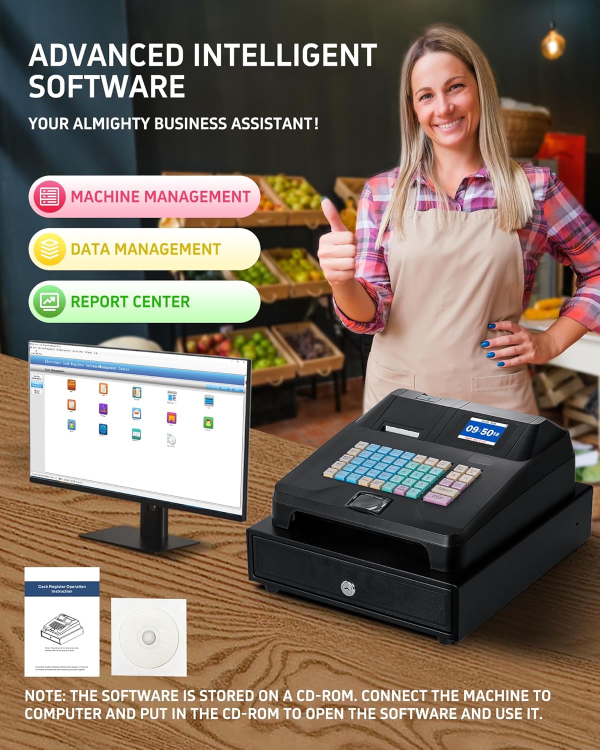 Cash Register with Cash Drawer and Built-In Receipt Printer, Dual Display J3368
