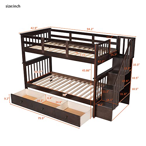 White Twin Over Full Wood Bunk Bed with Stairs and Storage Drawers Q9073