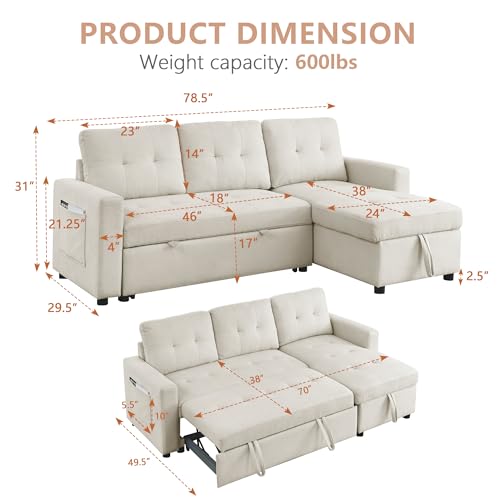 Light Gray Chenille Reversible Sleeper Sectional Sofa with Storage Chaise X115