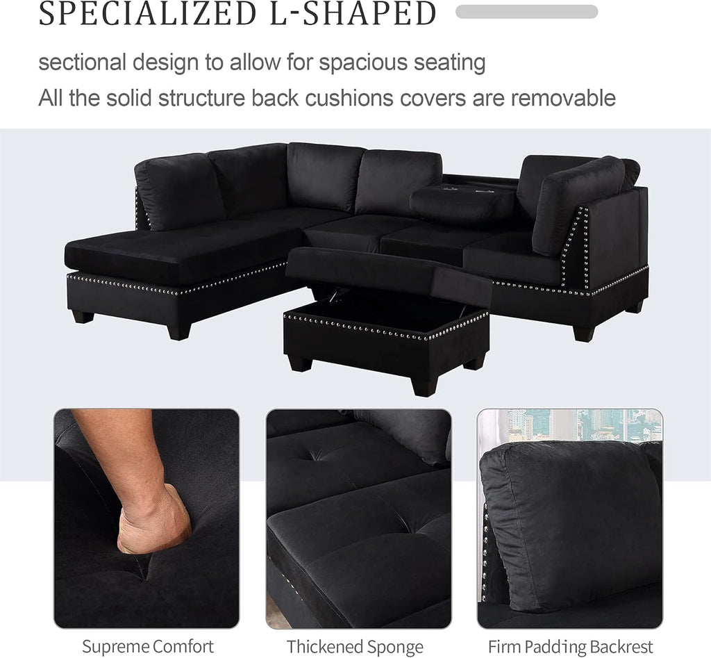 Reversible Sectional Sofa with Storage and Chaise Lounge Couch, Wooden Frame L-Shaped Corner Sofa Set with Ottoman, Black Z21357