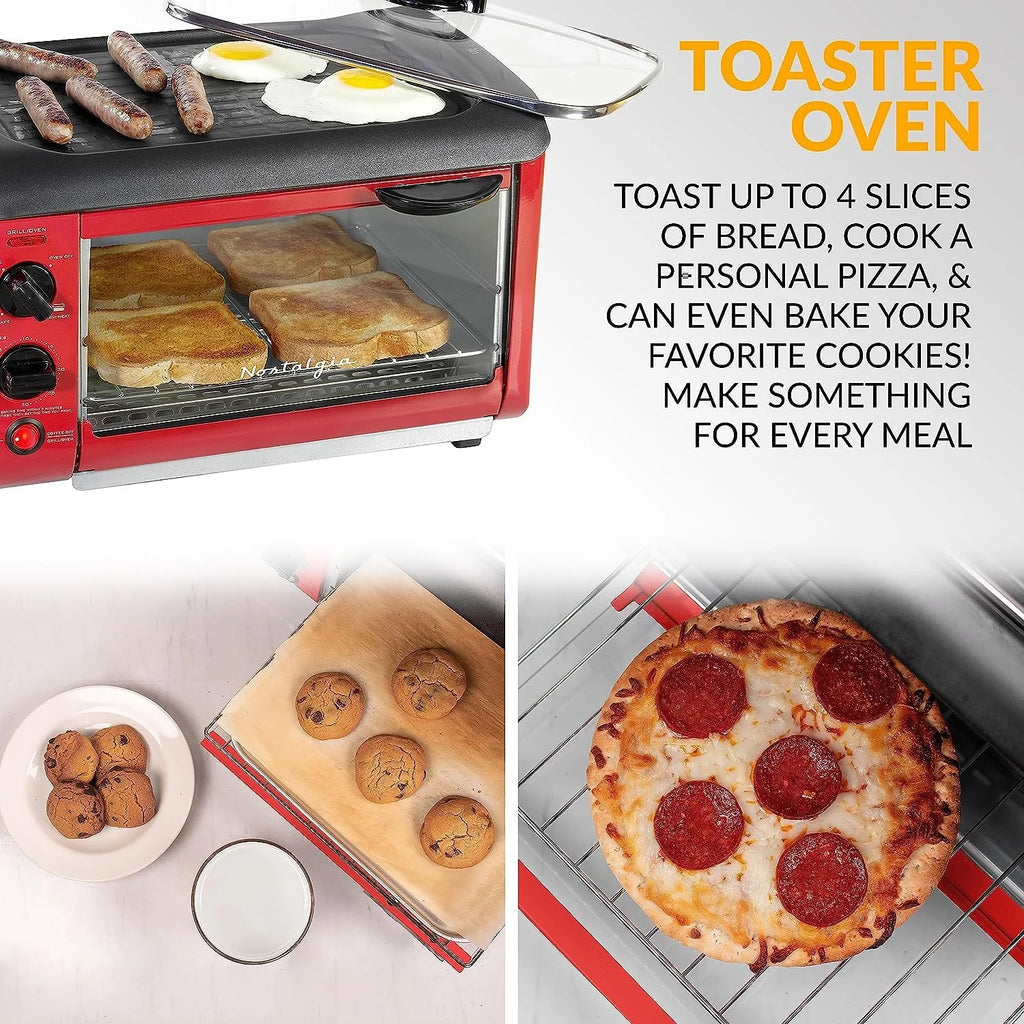 Red 3-in-1 Breakfast Station with Coffee Maker, Non-Stick Griddle, and 4-Slice Toaster Oven W9844