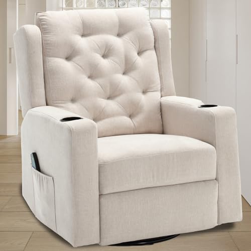 Oversized Swivel Rocker Recliner Chair with Cup Holders, Beige S960