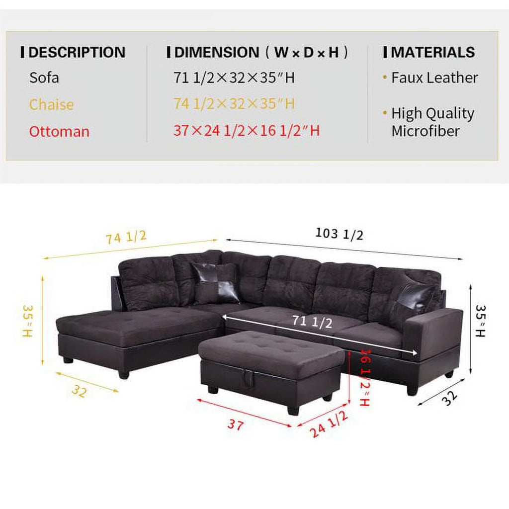 104" Sectional Sofa & Chaise with Ottoman Microfiber and faux leather upholstery Espresso Left Hand Facing A779996