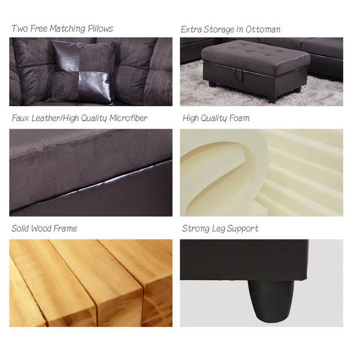 104" Sectional Sofa & Chaise with Ottoman Microfiber and faux leather upholstery Espresso Left Hand Facing A779996