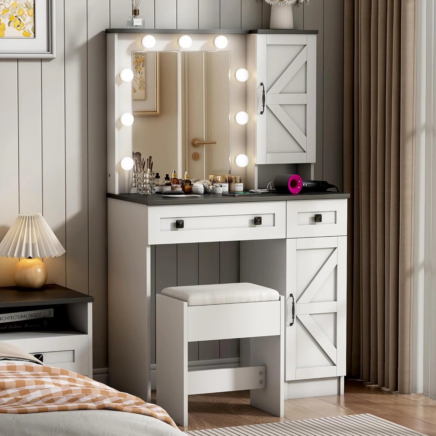 31.5" Makeup Vanity Desk with Lights and Bench Set H14785