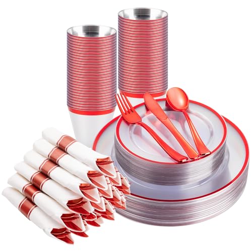 350PCS Clear and Black Disposable Plates Set with Plastic Cups and Pre-Rolled Napkins B212546