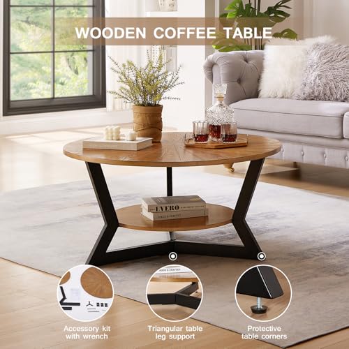 Round Wood Coffee Table with Storage Rack, 35 x 35 x 17 in M3140
