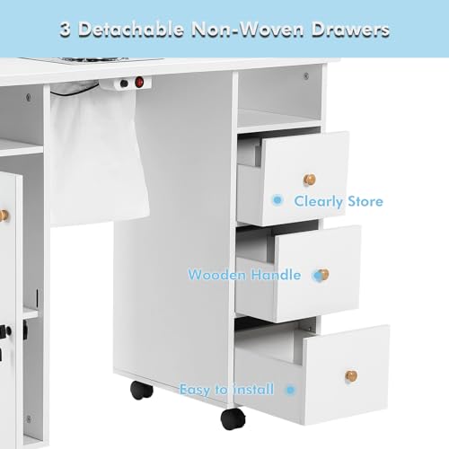White Manicure Table with Storage Drawers and Lockable Wheels Q733512