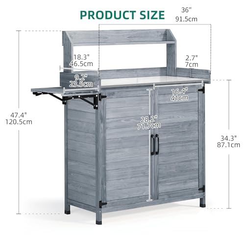 Solid Wood Potting Bench Table with Folding Pallet and Metal Tabletop, Grey J456210