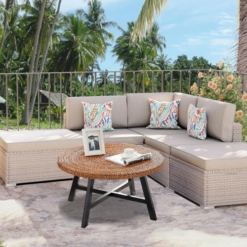 Natural Seagrass Round Coffee Table with Solid Wood Base, 32 x 17 Inches D150314