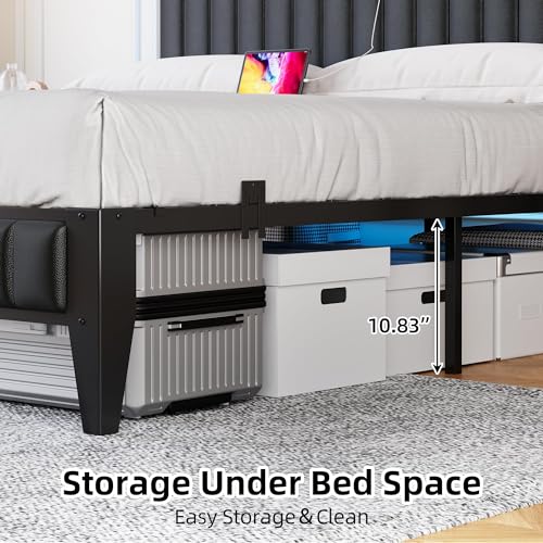 Black Queen Upholstered Platform Bed Frame with Storage Headboard T3462