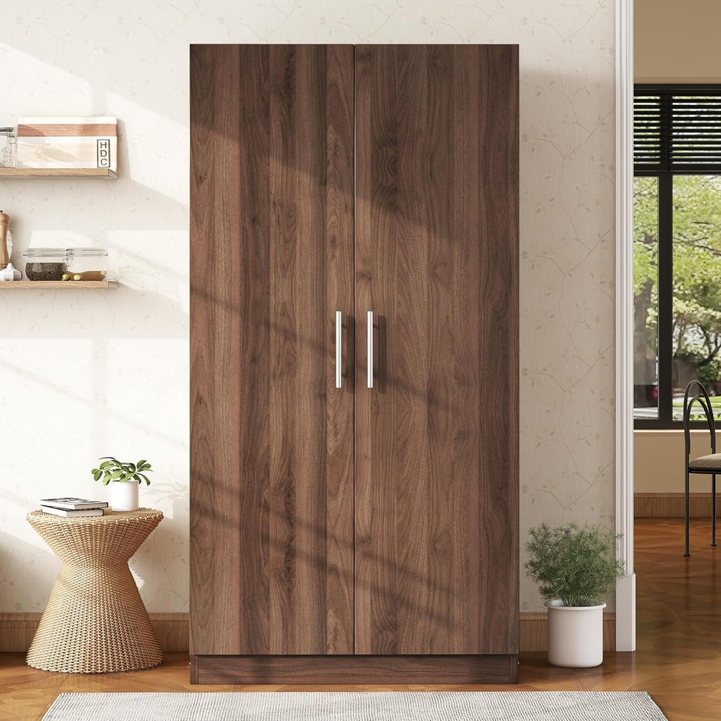 2-Door Wooden Wardrobe Armoire with 3 Adjustable Shelves and Hanging Rod, Brown I937274