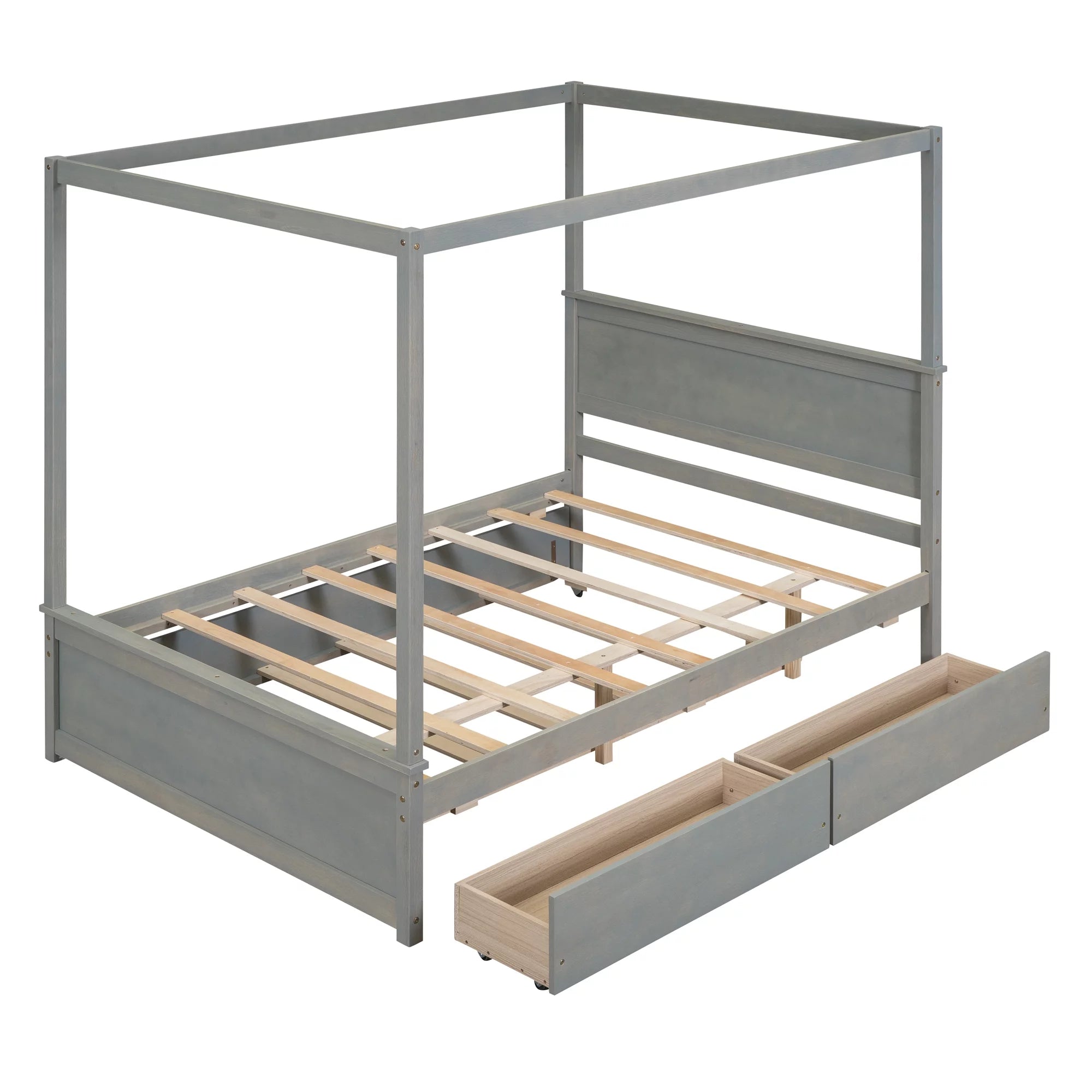 Gray Full Size Canopy Bed Frame with Trundle and 2 Storage Drawers V325443