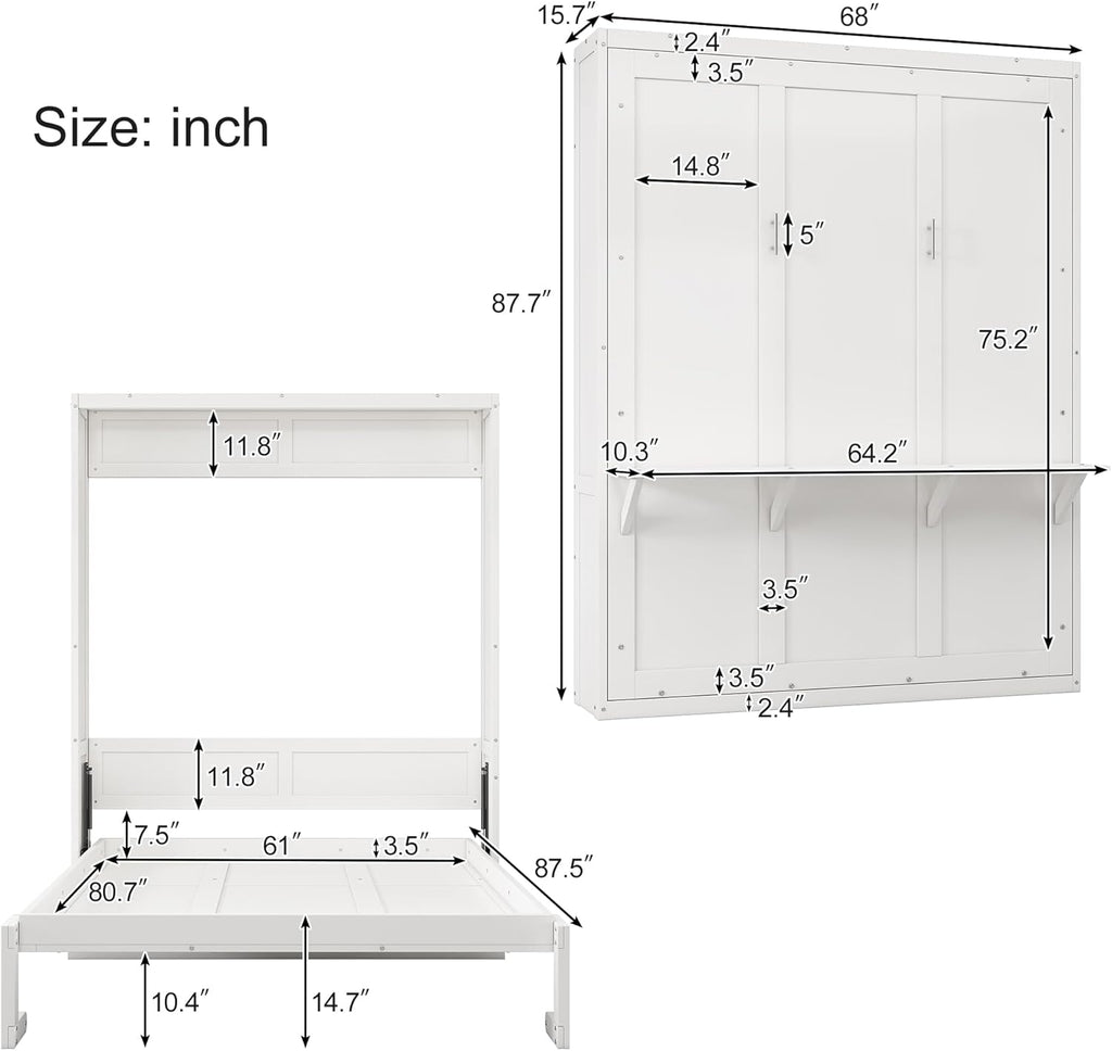 White Queen Size Folding Wall Bed with Desk C123086