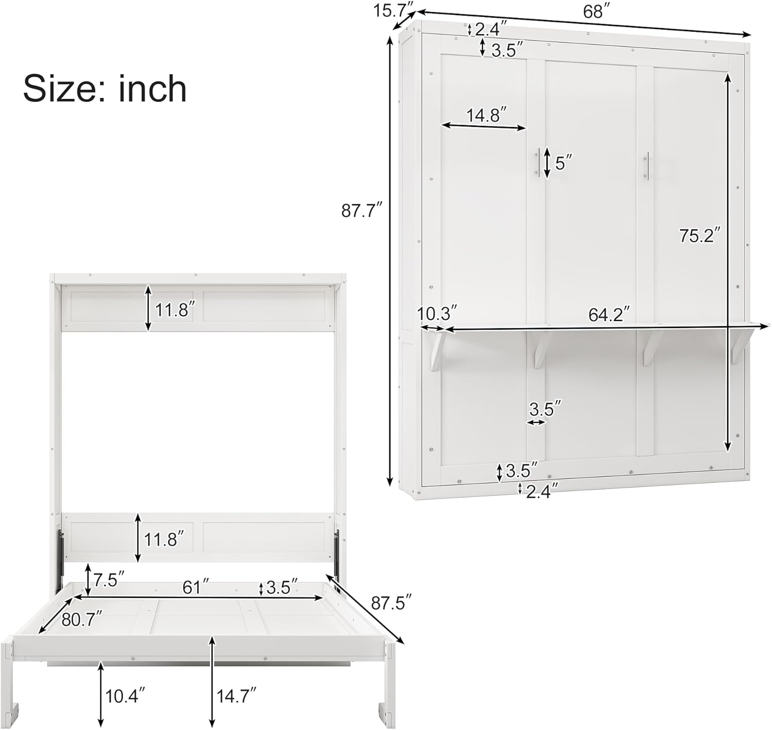 White Queen Size Folding Wall Bed with Desk C123086