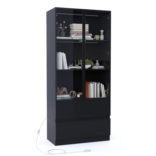 Glass Display Cabinet with LED Lights, 3-Tier Shelves and 2 Drawers X216489