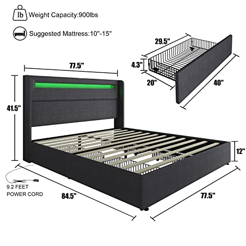 Queen LED Bed Frame with Wingback Headboard, Upholstered Platform Bed with 4 Storage Drawers & Charging Station, Dark Grey E190313