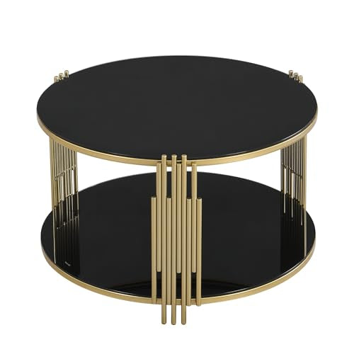 Black Round Coffee Table with Tempered Glass Tabletop and Metal Drum Base E87800