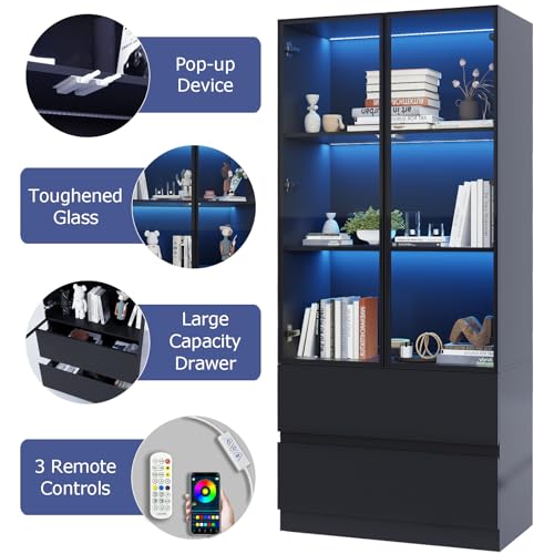 Glass Display Cabinet with LED Lights, 3-Tier Shelves and 2 Drawers X216489