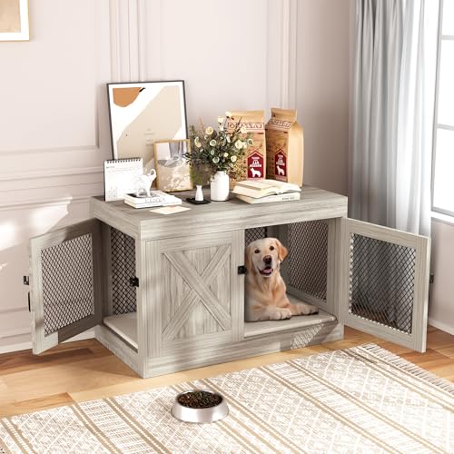 Grey 36 Inch Wooden Dog Crate with Double Doors M272862