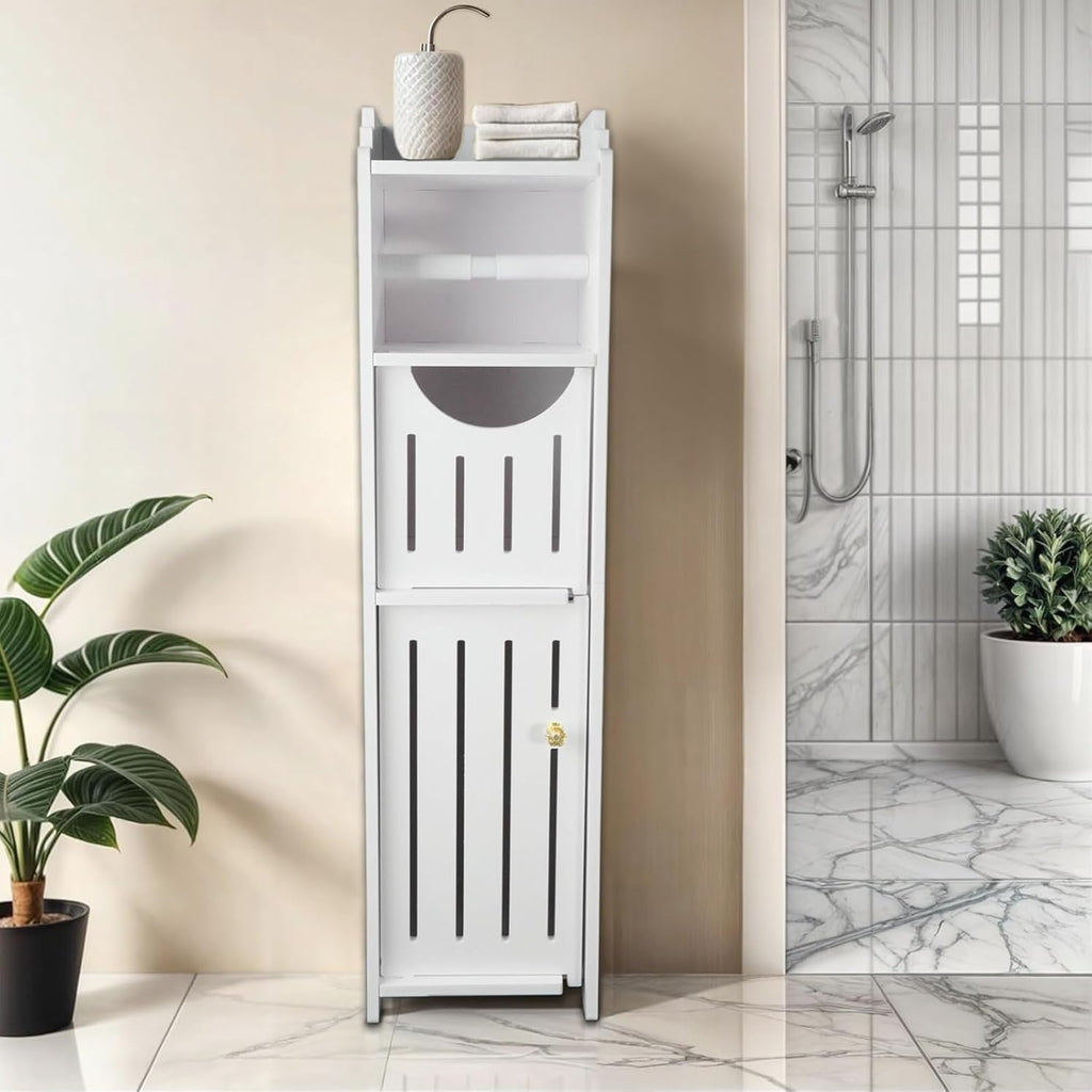 White Narrow Bathroom Storage Cabinet with Toilet Paper Holder I89783