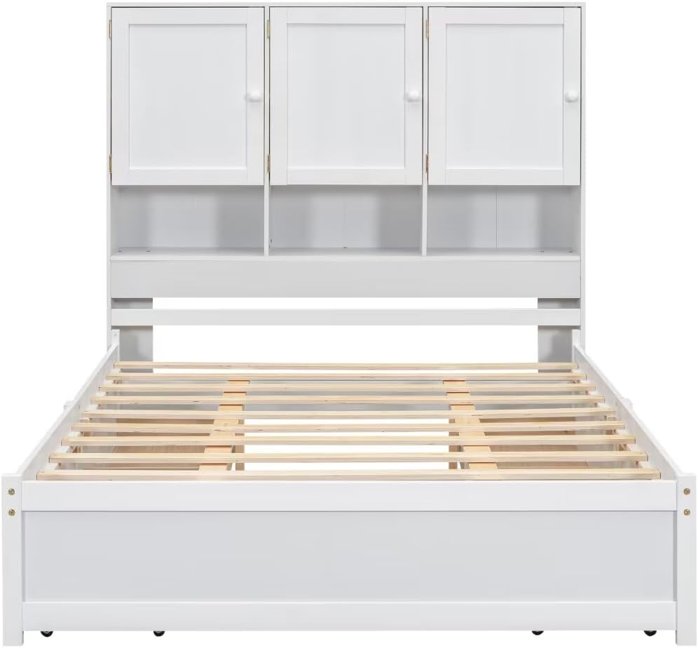 Queen Size Platform Bed with 4 Storage Drawers & Bookcase Headboard, White N13470