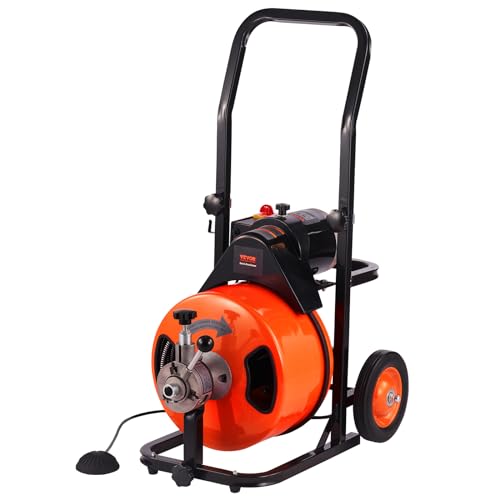 100FT x 3/4 Inch Drain Cleaning Machine Sewer Auger Auto Feed with 4 Cutter & Air-activated Foot Switch O43718