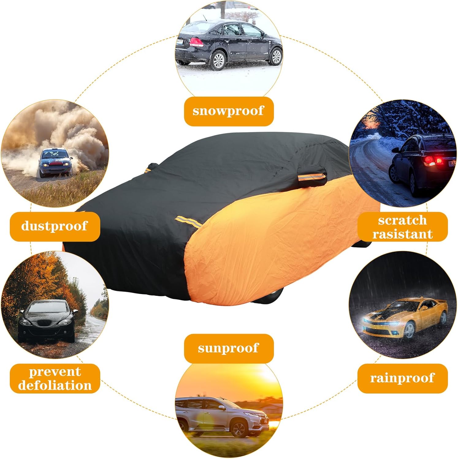 Black Orange Waterproof Full Car Cover for Sedan Length 194-208'' Height 59'' I761