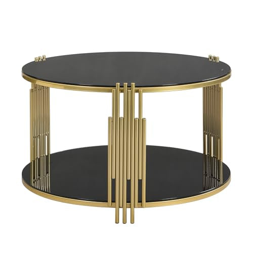 Black Round Coffee Table with Tempered Glass Tabletop and Metal Drum Base E87800