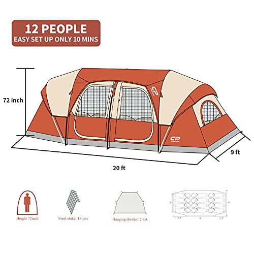 12-Person 3 Room Waterproof Windproof Family Tent with Carry Bag M836