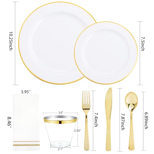 150 PCS Gold Plastic Plates Disposable Dinnerware Set with Cups G56909