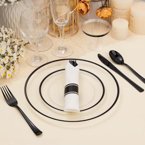 350PCS Clear and Black Disposable Plates Set with Plastic Cups and Pre-Rolled Napkins B212546