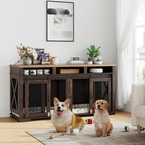 Brown Wooden Dog Crate with 3 Storages and Removable Divider E890