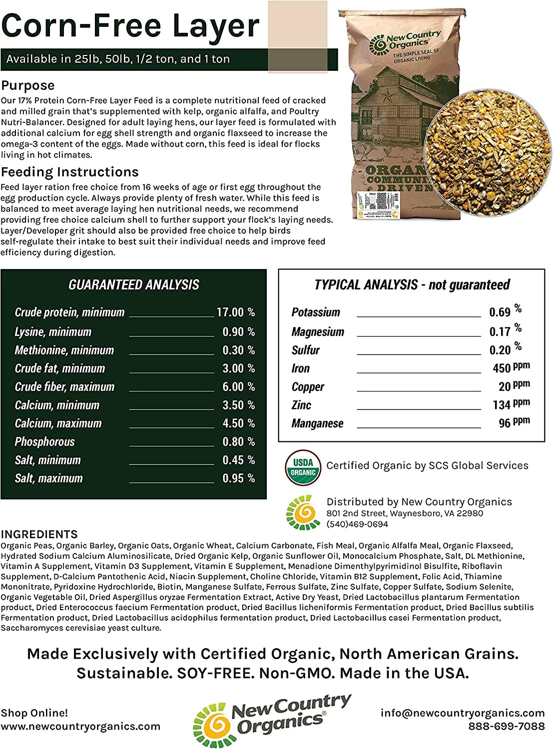 Corn-Free Soy-Free Organic Non-GMO 17% Protein Chicken Feed 25lb Bag A920