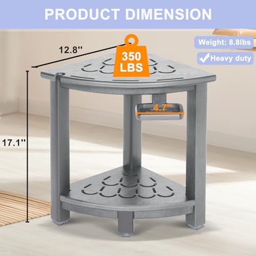 Black HDPE Corner Shower Stool with Storage Shelf and Adjustable Feet O936113