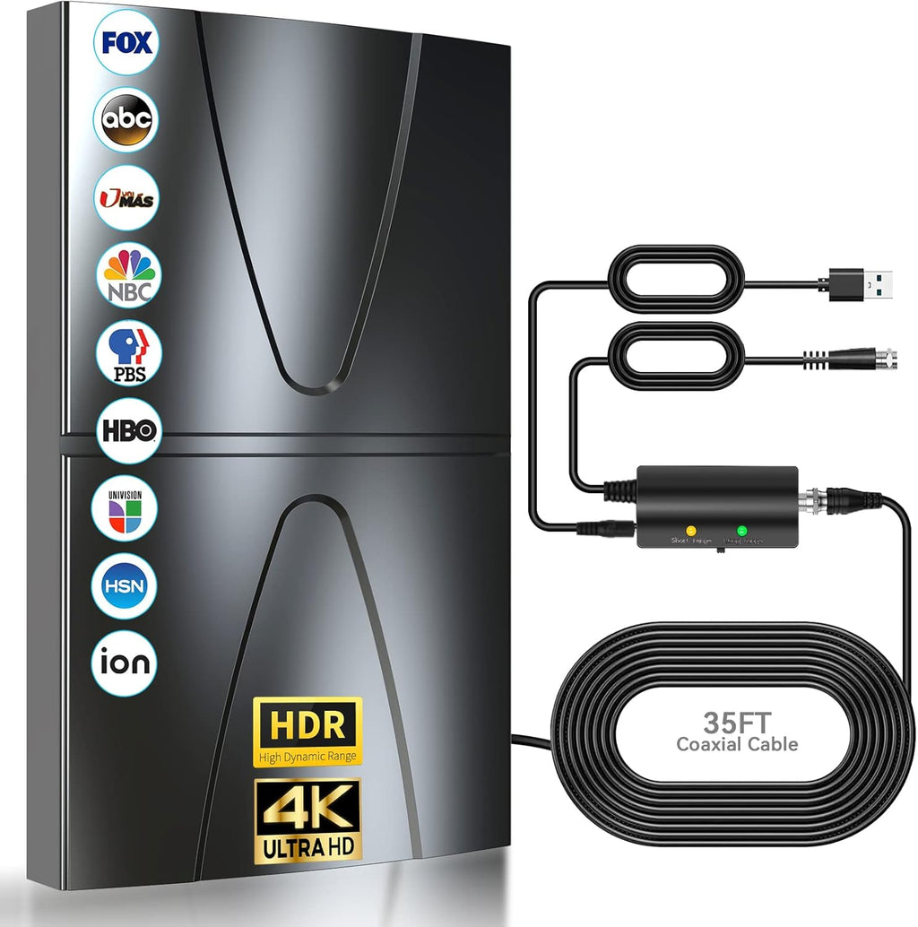 HD TV Antenna, Indoor/Outdoor Digital Antenna up to 400 Miles Range, 360° Reception with Smart Amplifier Signal Booster, 35FT Coaxial Cable F336297