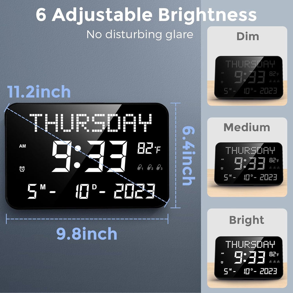 11.2" Large LED Digital Wall Clock with Remote Control, 4 Alarms, Adjustable Dimmer G411