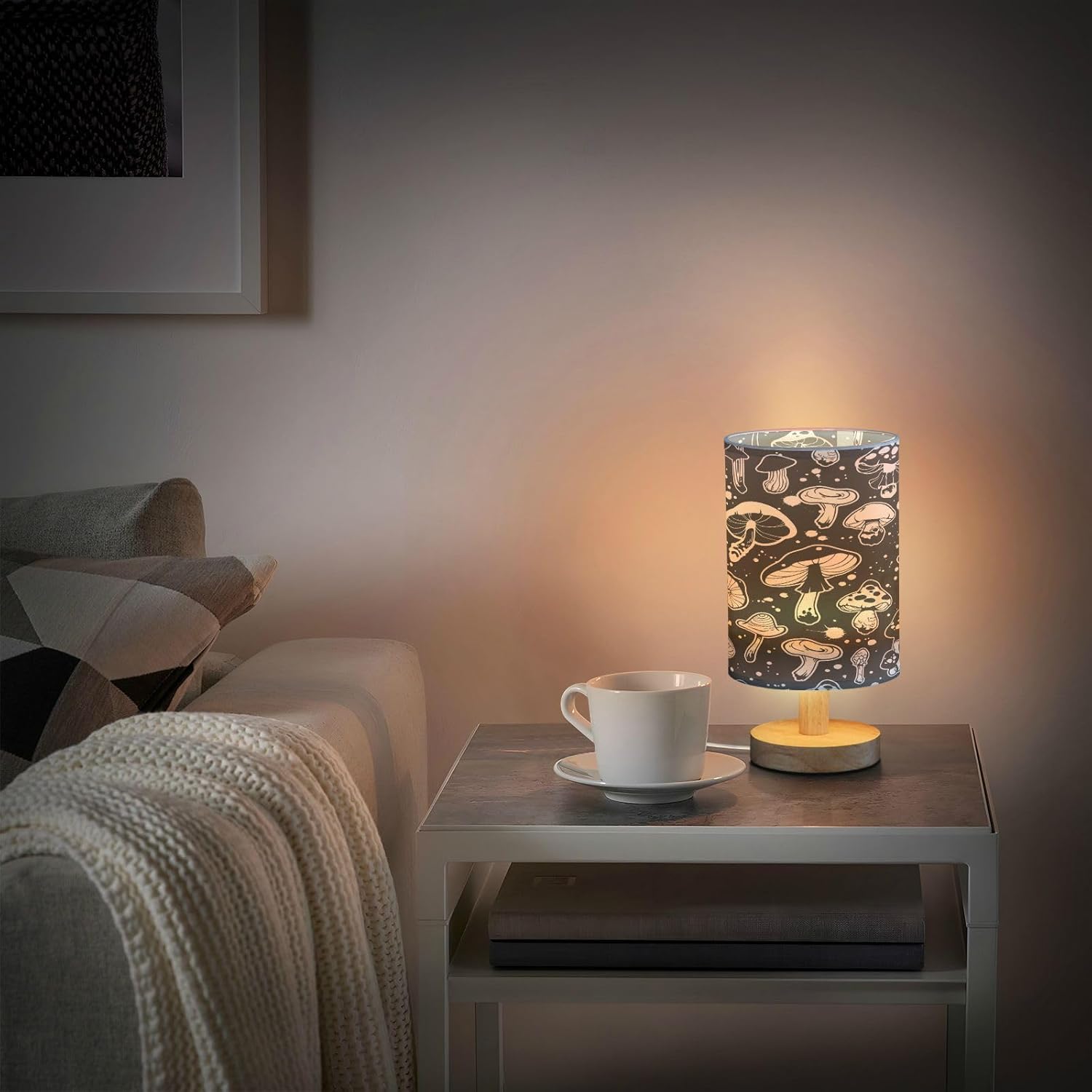 Black White Mushroom Bedside Table Lamp with USB Port Wood Base Round Flaxen Fabric Shade B467721