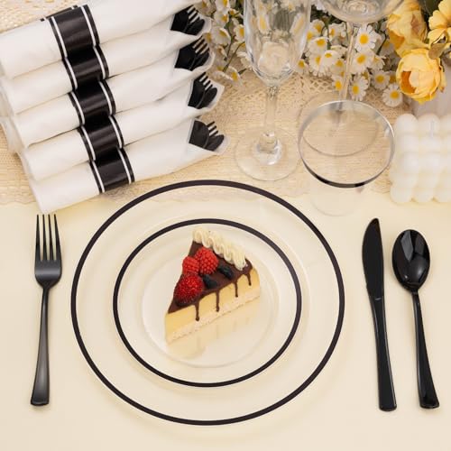 350PCS Clear and Black Disposable Plates Set with Plastic Cups and Pre-Rolled Napkins B212546