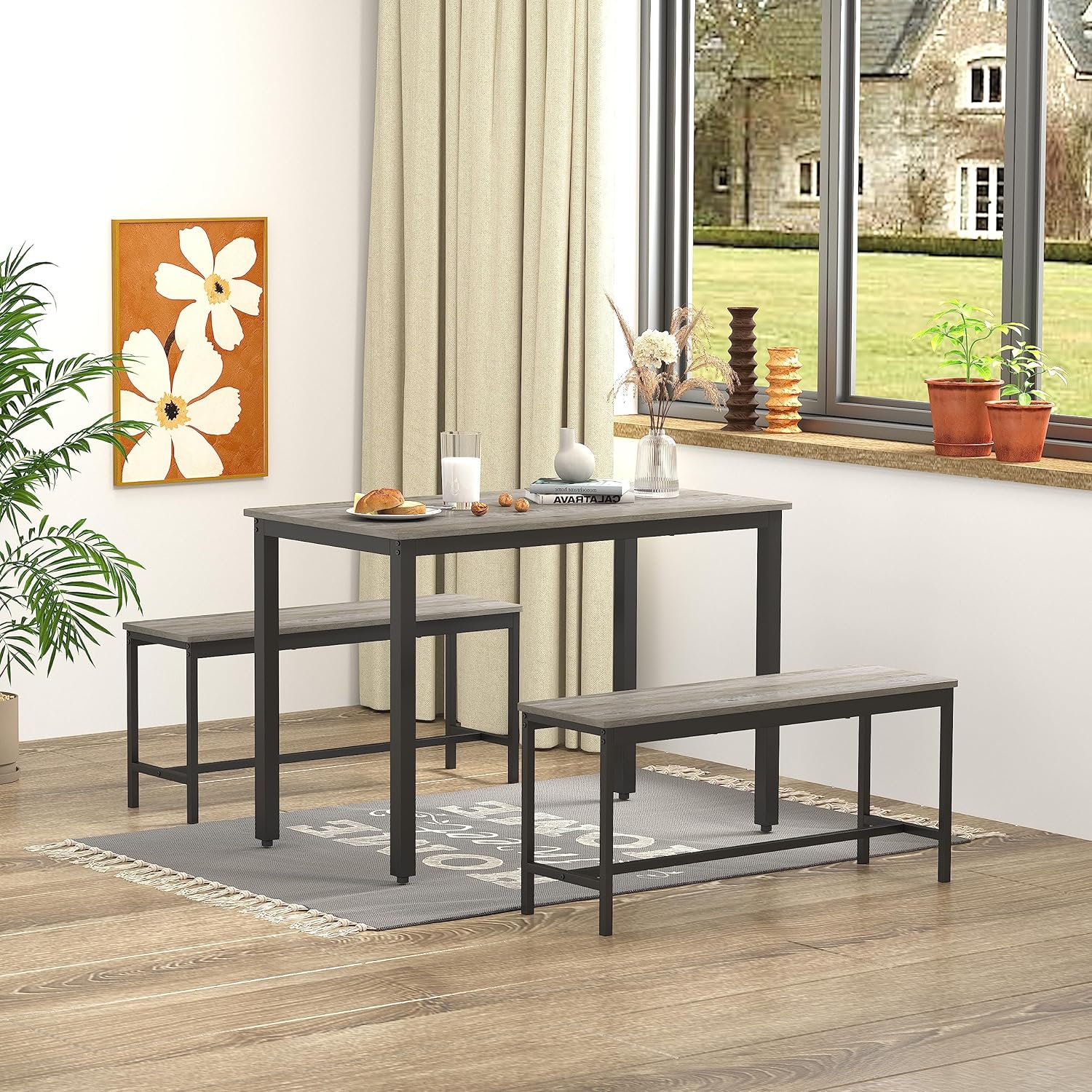 Gray and Black 3-Piece Dining Furniture Set with 2 Benches and Dining Table H349228