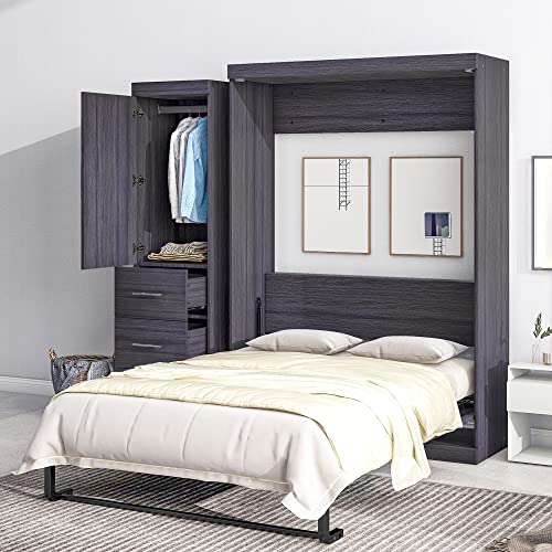 White Wooden Queen Size Murphy Bed with Shelf D657854