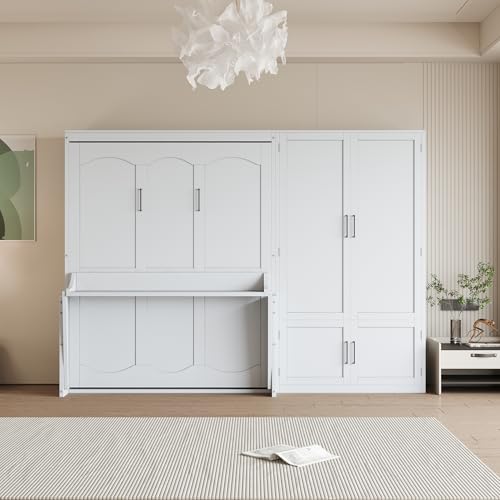 Queen Size Gray Murphy Bed Wall Bed with Desk and Closet Drawers and Shelves R71772