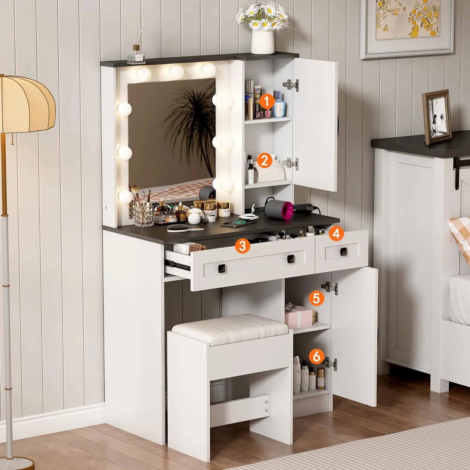 31.5" Makeup Vanity Desk with Lights and Bench Set H14785