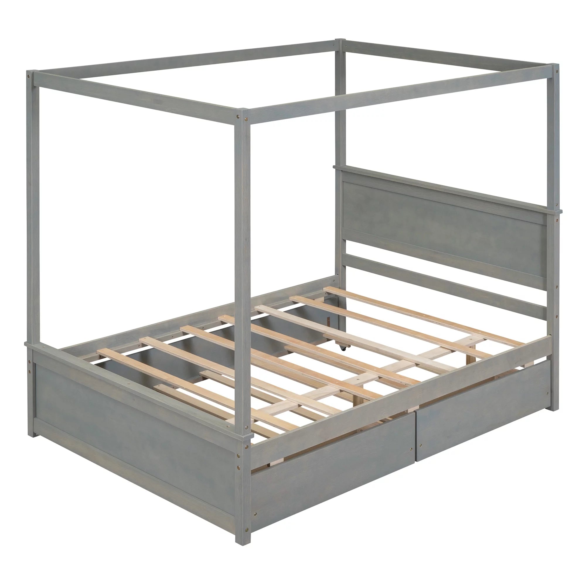 Gray Full Size Canopy Bed Frame with Trundle and 2 Storage Drawers V325443