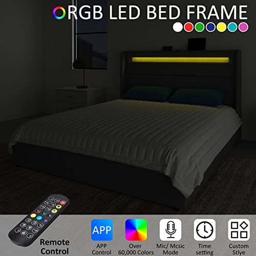 Queen LED Bed Frame with Wingback Headboard, Upholstered Platform Bed with 4 Storage Drawers & Charging Station, Dark Grey E190313