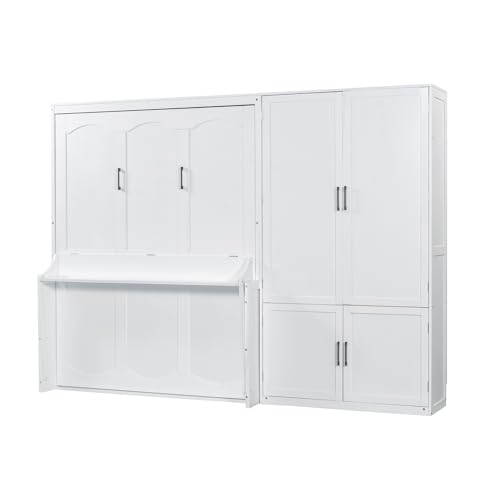 Queen Size Gray Murphy Bed Wall Bed with Desk and Closet Drawers and Shelves R71772