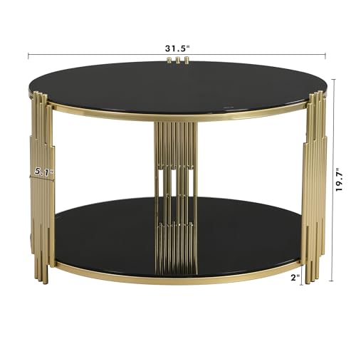 Black Round Coffee Table with Tempered Glass Tabletop and Metal Drum Base E87800