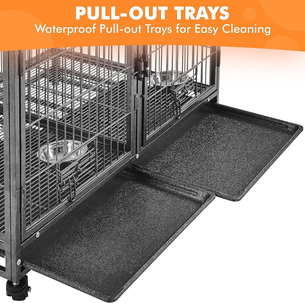 Stackable Dog Crate with Divider 43'' Rolling Heavy Duty Dog Cage with Open Top 2 Removable Trays Q674